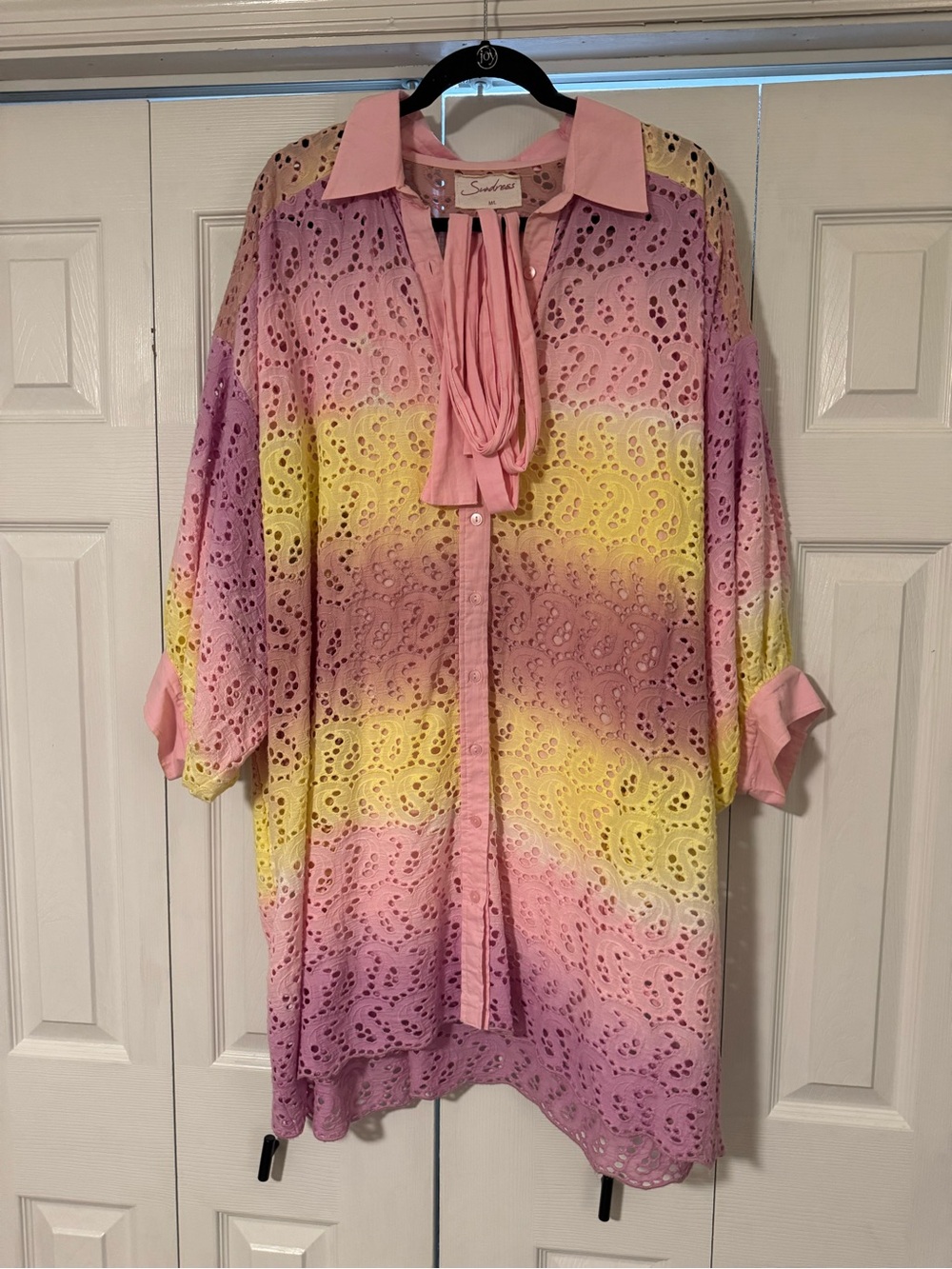 Pink Yellow Purple Eyelet Tie-Neck Shirt Dress